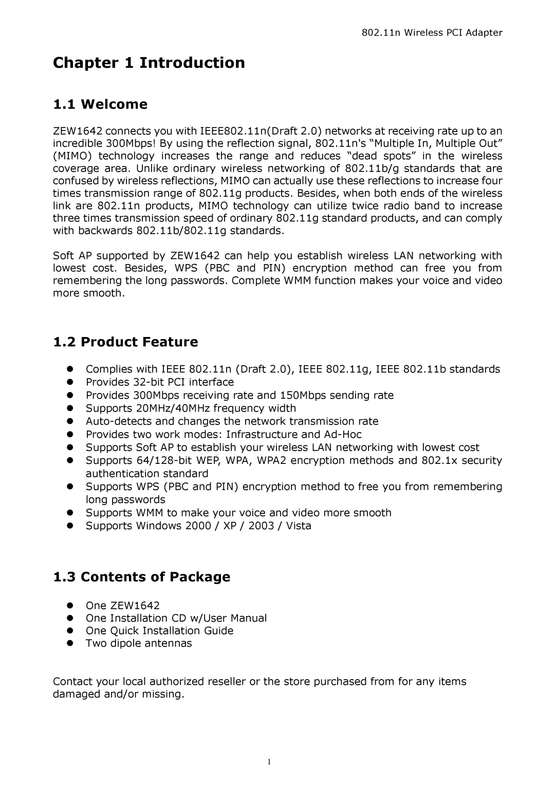 Zonet Technology ZEW1642 manual Introduction, Welcome, Product Feature, Contents of Package 