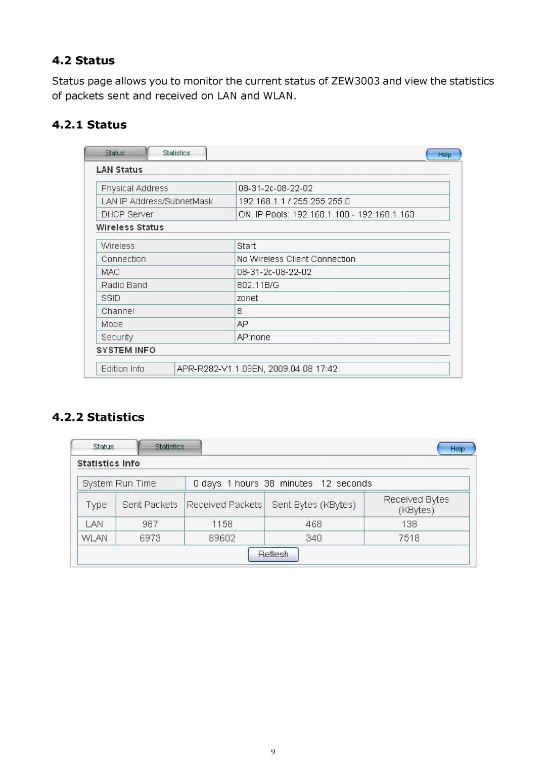 Zonet Technology ZEW3003 manual Status Statistics 