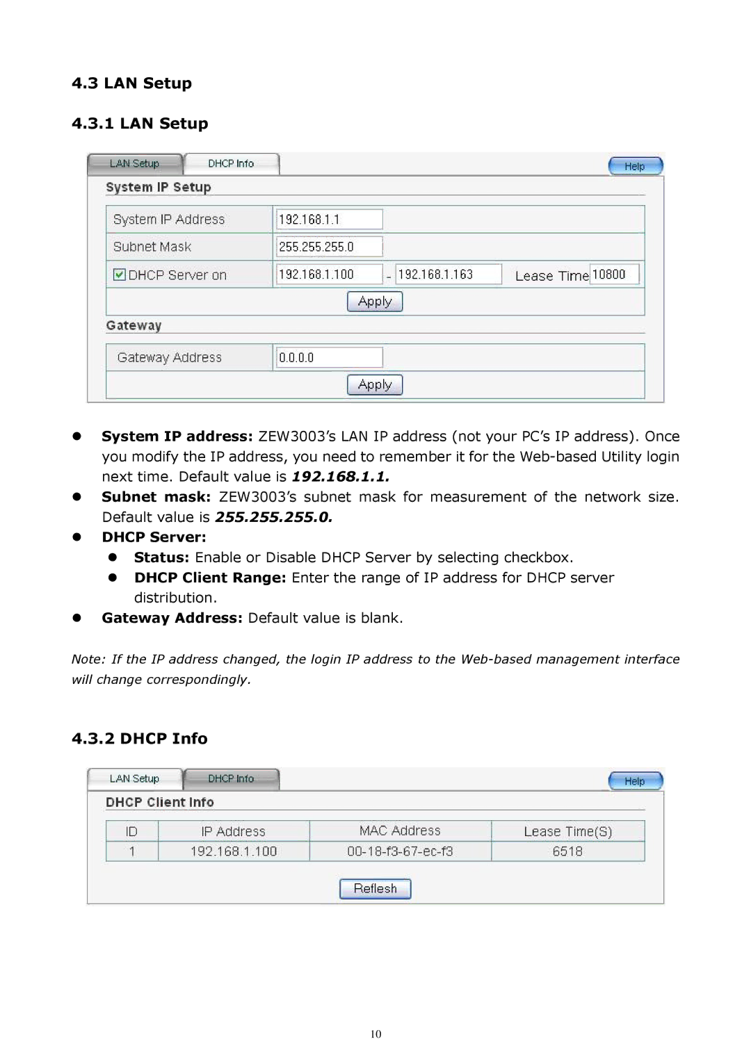 Zonet Technology ZEW3003 manual LAN Setup 4.3.1 LAN Setup, Dhcp Info 