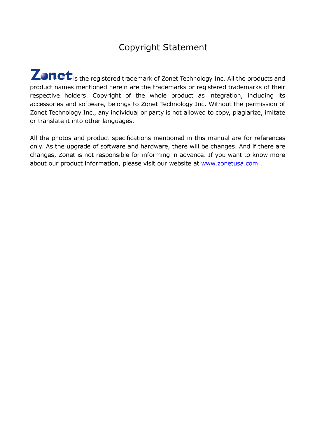 Zonet Technology ZEW3003 manual Copyright Statement 