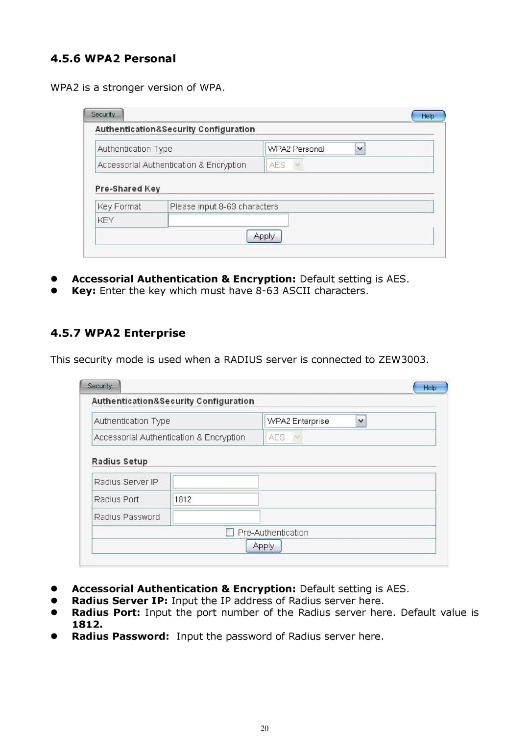 Zonet Technology ZEW3003 manual 6 WPA2 Personal, 7 WPA2 Enterprise 