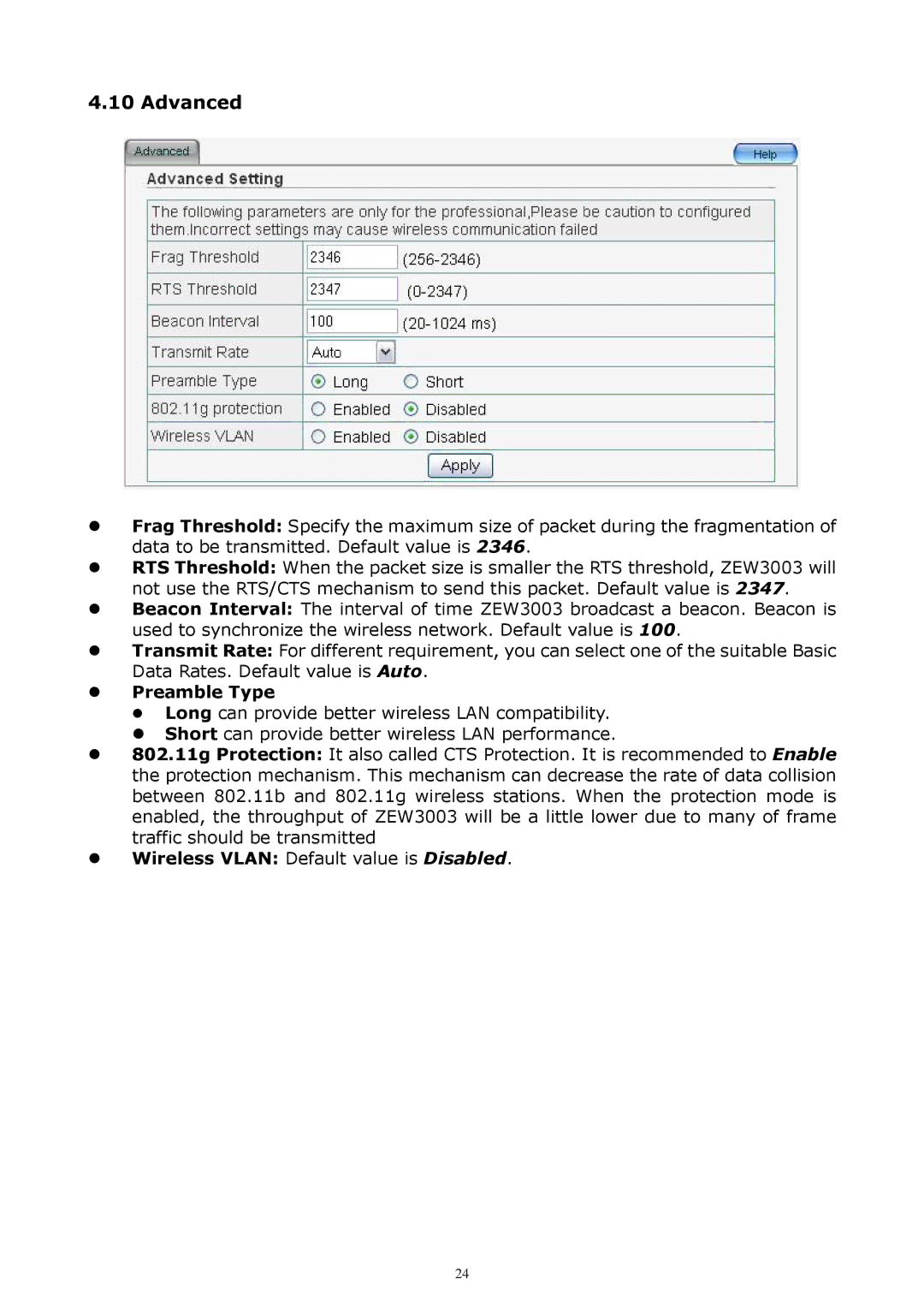 Zonet Technology ZEW3003 manual Advanced 