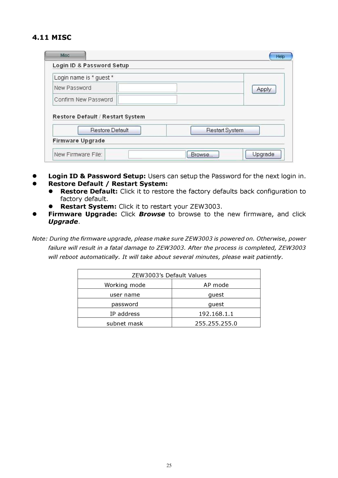 Zonet Technology ZEW3003 manual Misc 