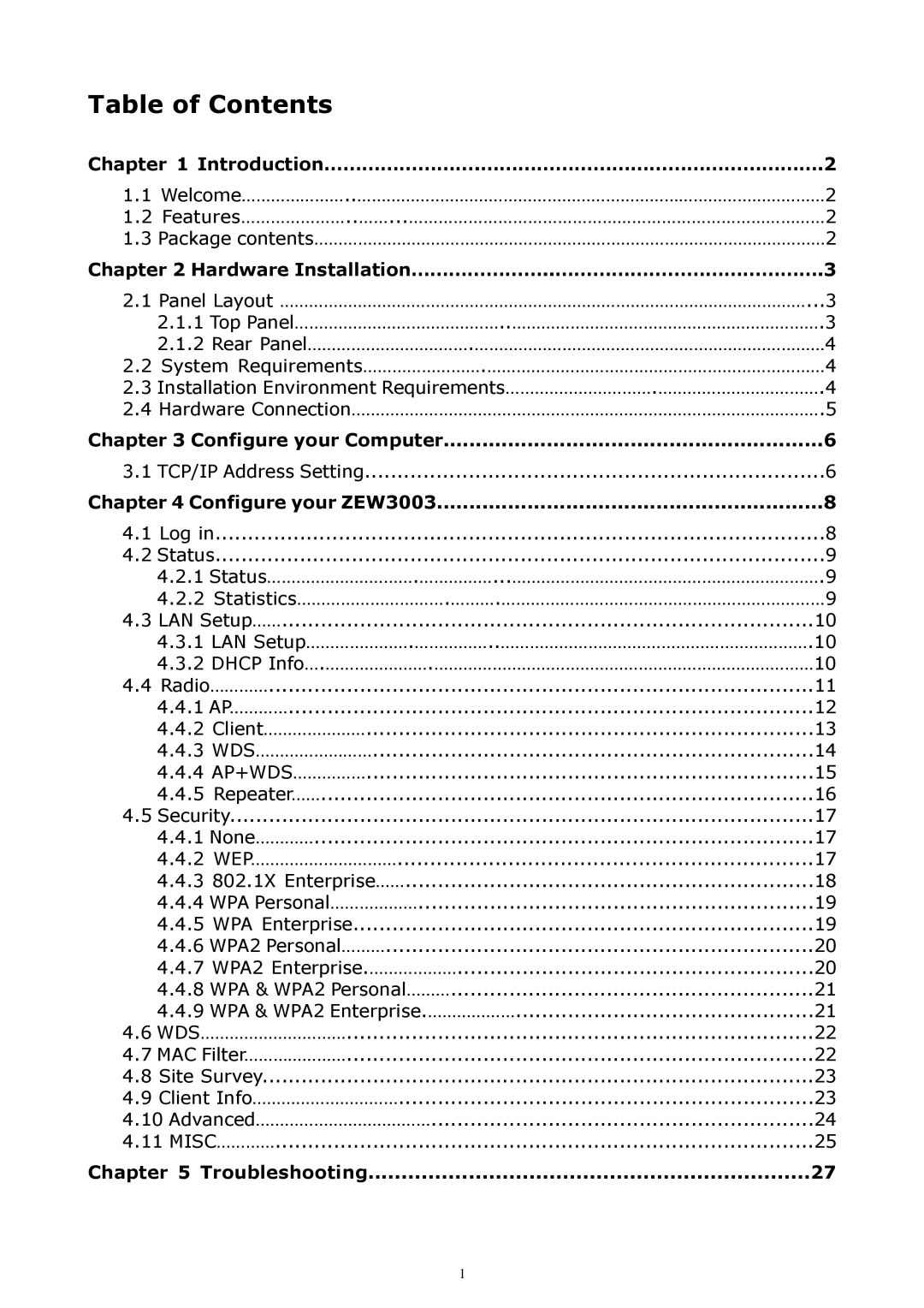 Zonet Technology ZEW3003 manual Table of Contents 