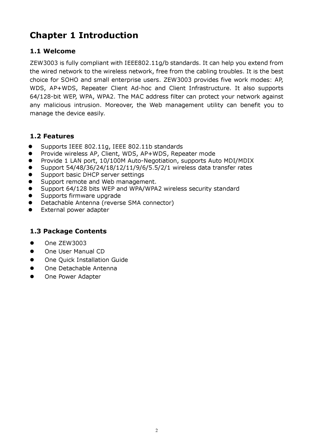 Zonet Technology ZEW3003 manual Introduction, Welcome, Features, Package Contents 