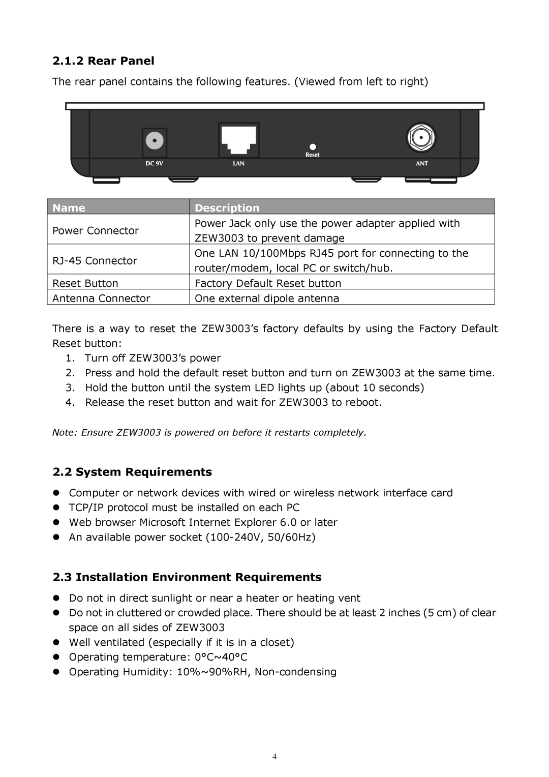 Zonet Technology ZEW3003 manual Rear Panel, System Requirements, Installation Environment Requirements 