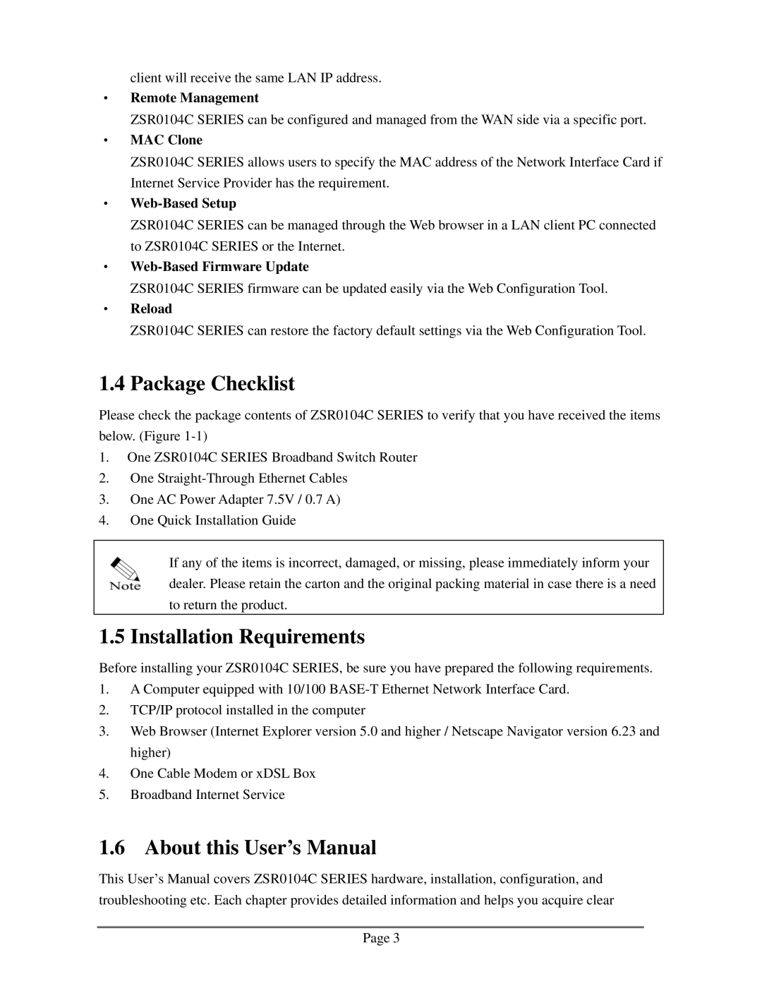 Zonet Technology ZSR0104C Series user manual Package Checklist, Installation Requirements, About this User’s Manual 