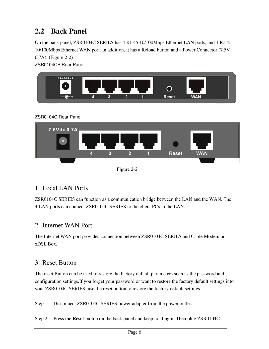 Zonet Technology ZSR0104C Series user manual Back Panel, Local LAN Ports, Internet WAN Port, Reset Button 