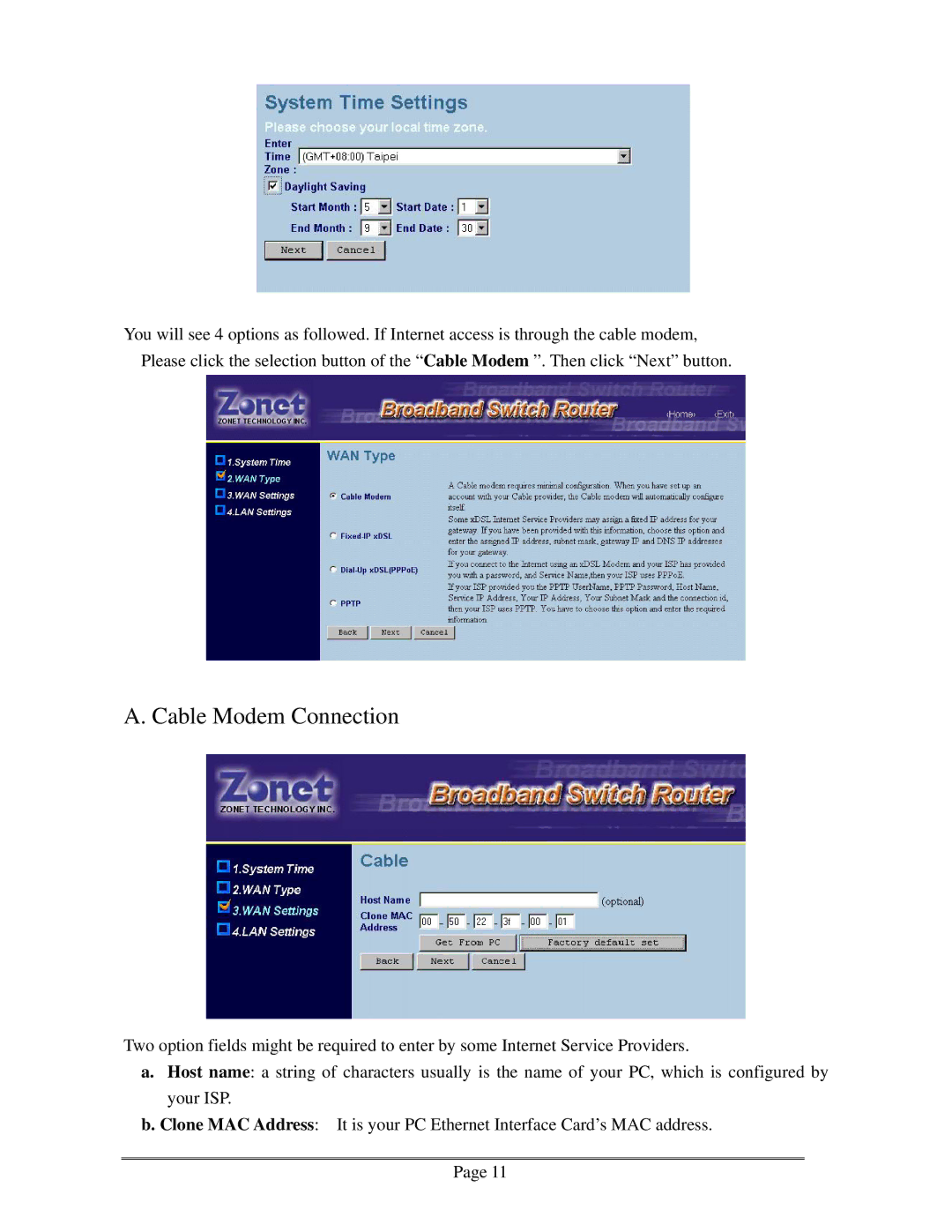 Zonet Technology ZSR0104C Series user manual Cable Modem Connection 