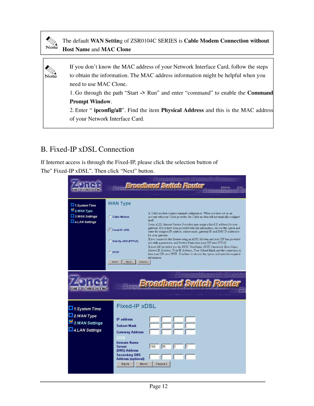 Zonet Technology ZSR0104C Series user manual Fixed-IP xDSL Connection 