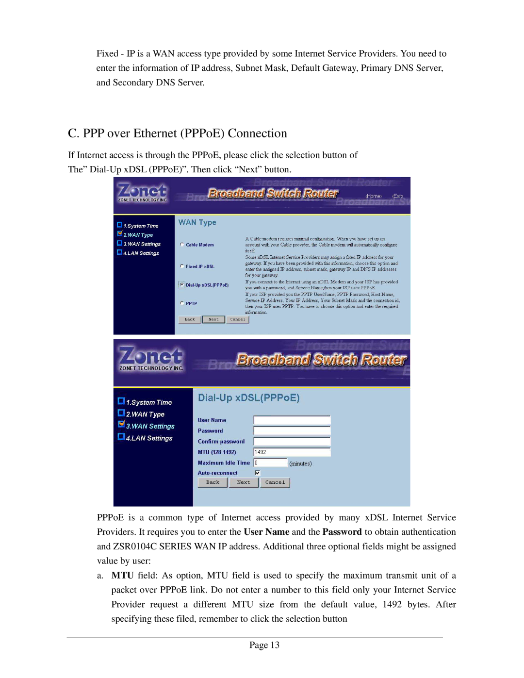 Zonet Technology ZSR0104C Series user manual PPP over Ethernet PPPoE Connection 