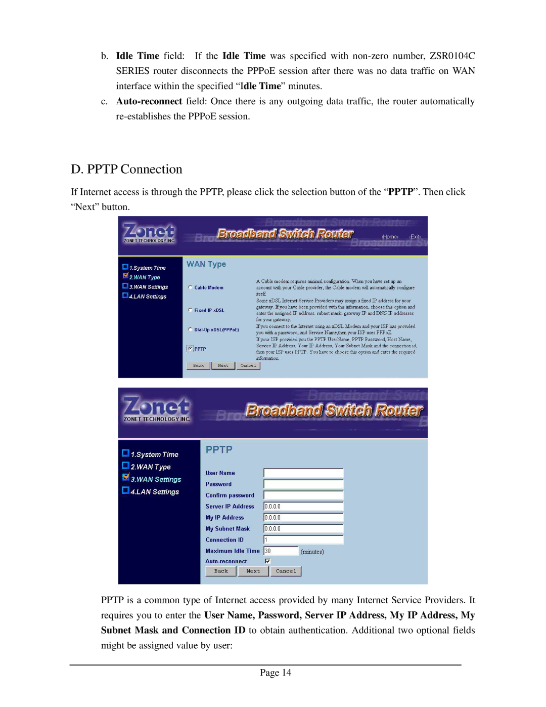 Zonet Technology ZSR0104C Series user manual Pptp Connection 