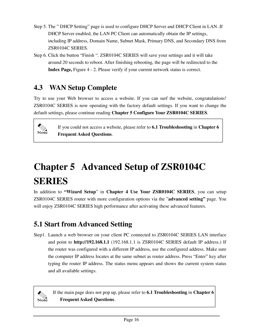 Zonet Technology ZSR0104C Series user manual Advanced Setup of ZSR0104C, WAN Setup Complete, Start from Advanced Setting 