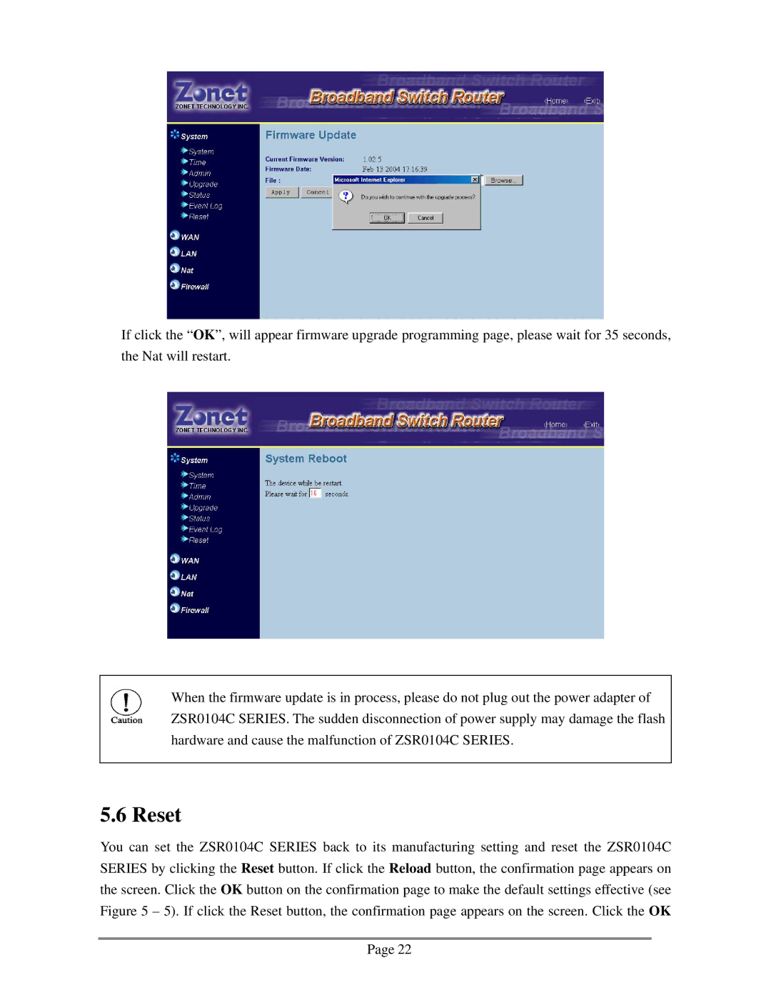 Zonet Technology ZSR0104C Series user manual Reset 