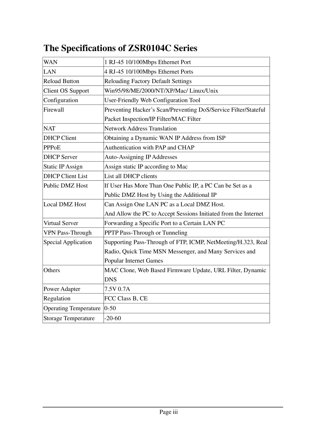 Zonet Technology user manual Specifications of ZSR0104C Series, Lan 