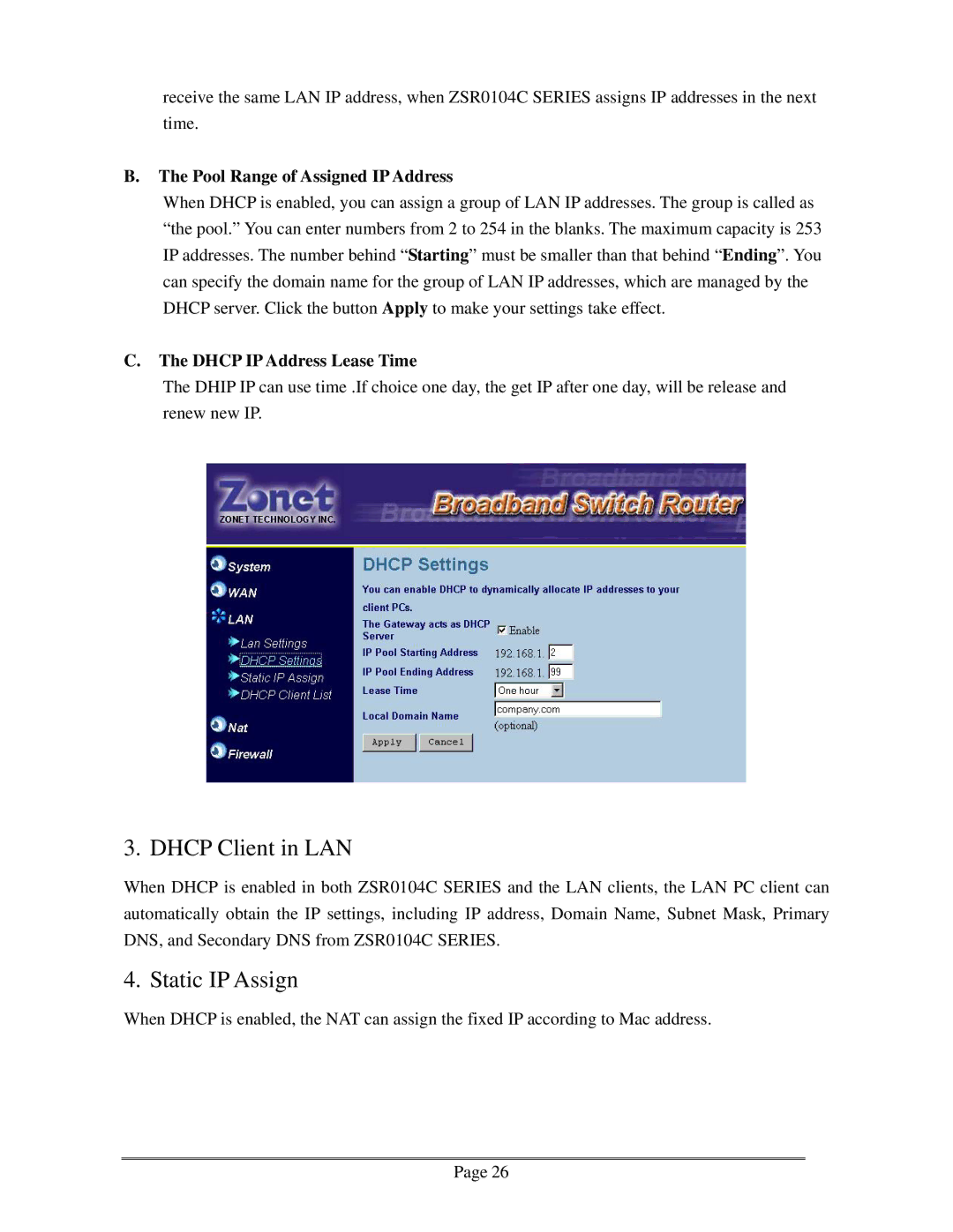 Zonet Technology ZSR0104C Series user manual Dhcp Client in LAN, Static IP Assign, Pool Range of Assigned IP Address 