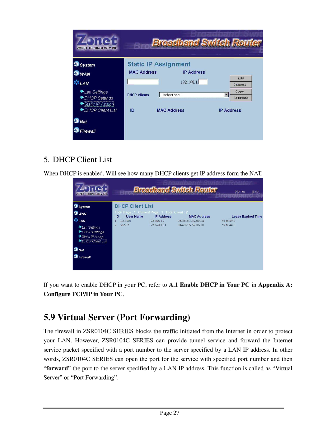 Zonet Technology ZSR0104C Series user manual Virtual Server Port Forwarding, Dhcp Client List, Configure TCP/IP in Your PC 