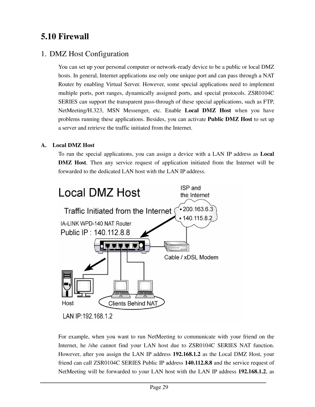 Zonet Technology ZSR0104C Series user manual Firewall, DMZ Host Configuration, Local DMZ Host 