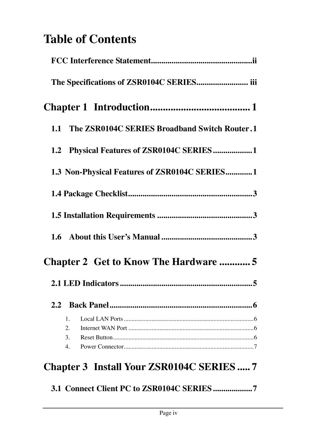 Zonet Technology ZSR0104C Series user manual Table of Contents 