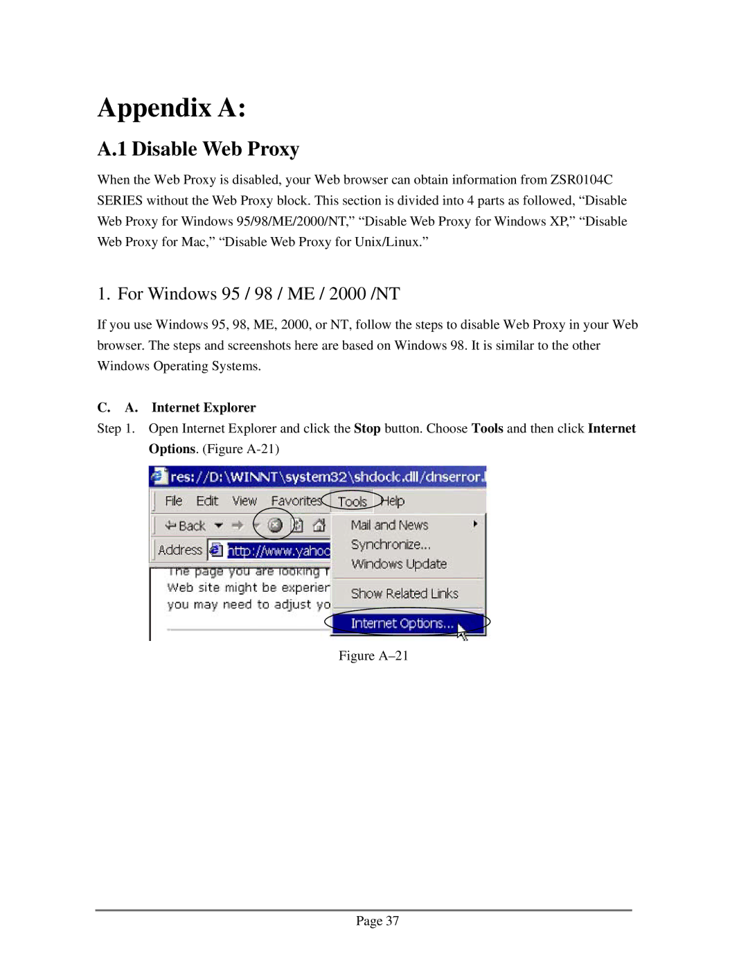 Zonet Technology ZSR0104C Series Appendix a, Disable Web Proxy, For Windows 95 / 98 / ME / 2000 /NT, Internet Explorer 