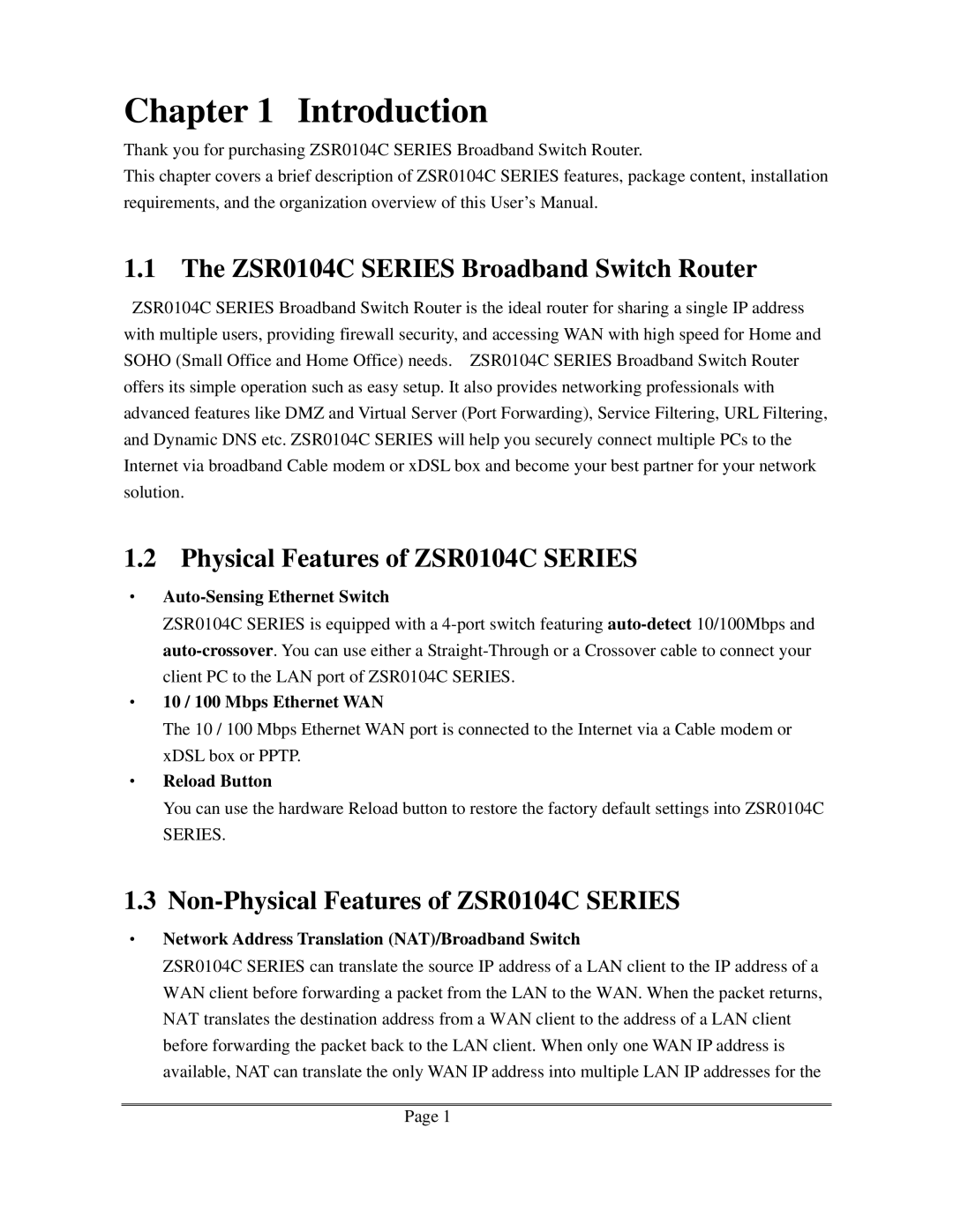 Zonet Technology user manual Introduction, ZSR0104C Series Broadband Switch Router, Physical Features of ZSR0104C Series 