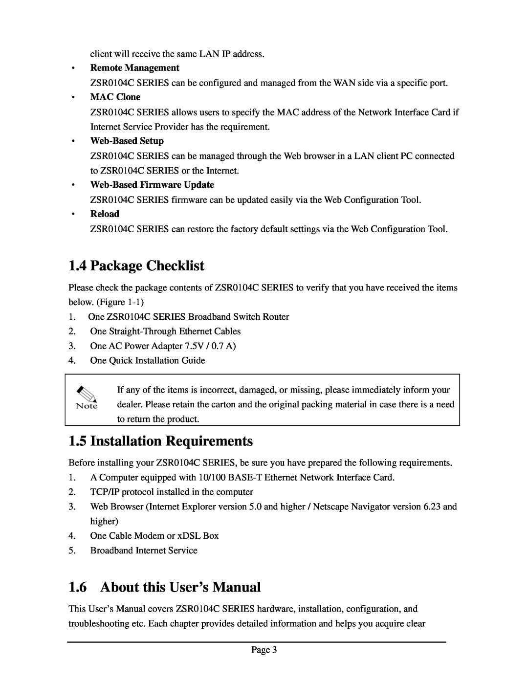 Zonet Technology ZSR0104C Series Package Checklist, Installation Requirements, About this User’s Manual, ‧ MAC Clone 
