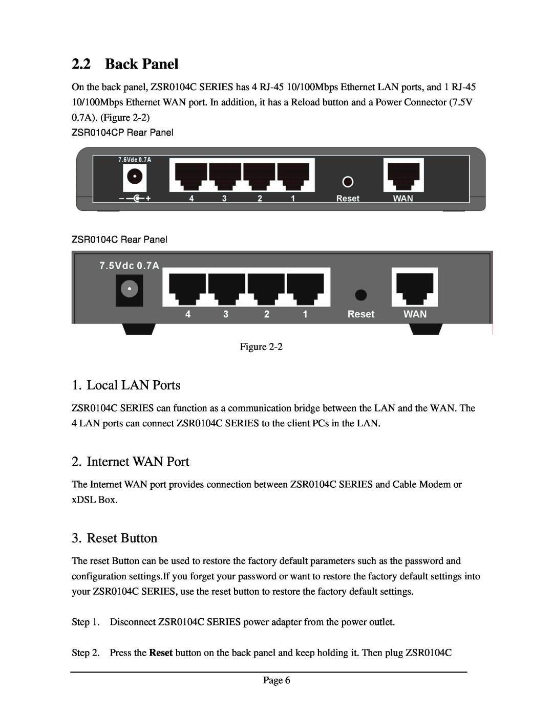 Zonet Technology ZSR0104C Series user manual Back Panel, Local LAN Ports, Internet WAN Port, Reset Button 