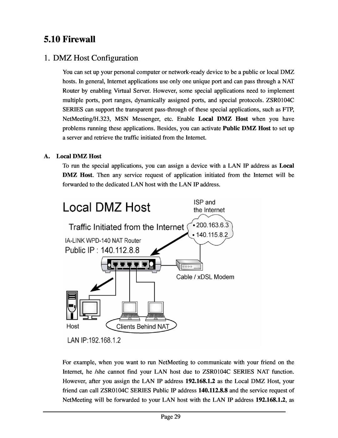 Zonet Technology ZSR0104C Series user manual Firewall, DMZ Host Configuration, A. Local DMZ Host 