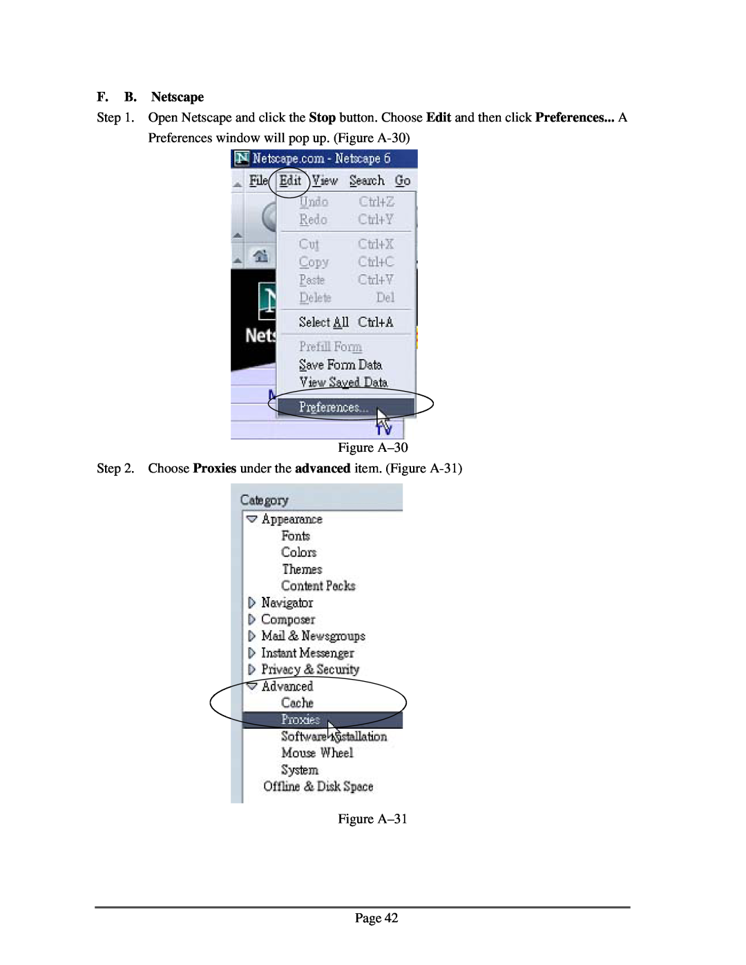 Zonet Technology ZSR0104C Series F. B. Netscape, Figure A-30, Choose Proxies under the advanced item. Figure A-31 