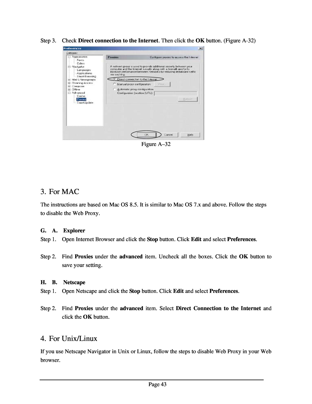 Zonet Technology ZSR0104C Series user manual For MAC, For Unix/Linux, G. A. Explorer, H. B. Netscape 