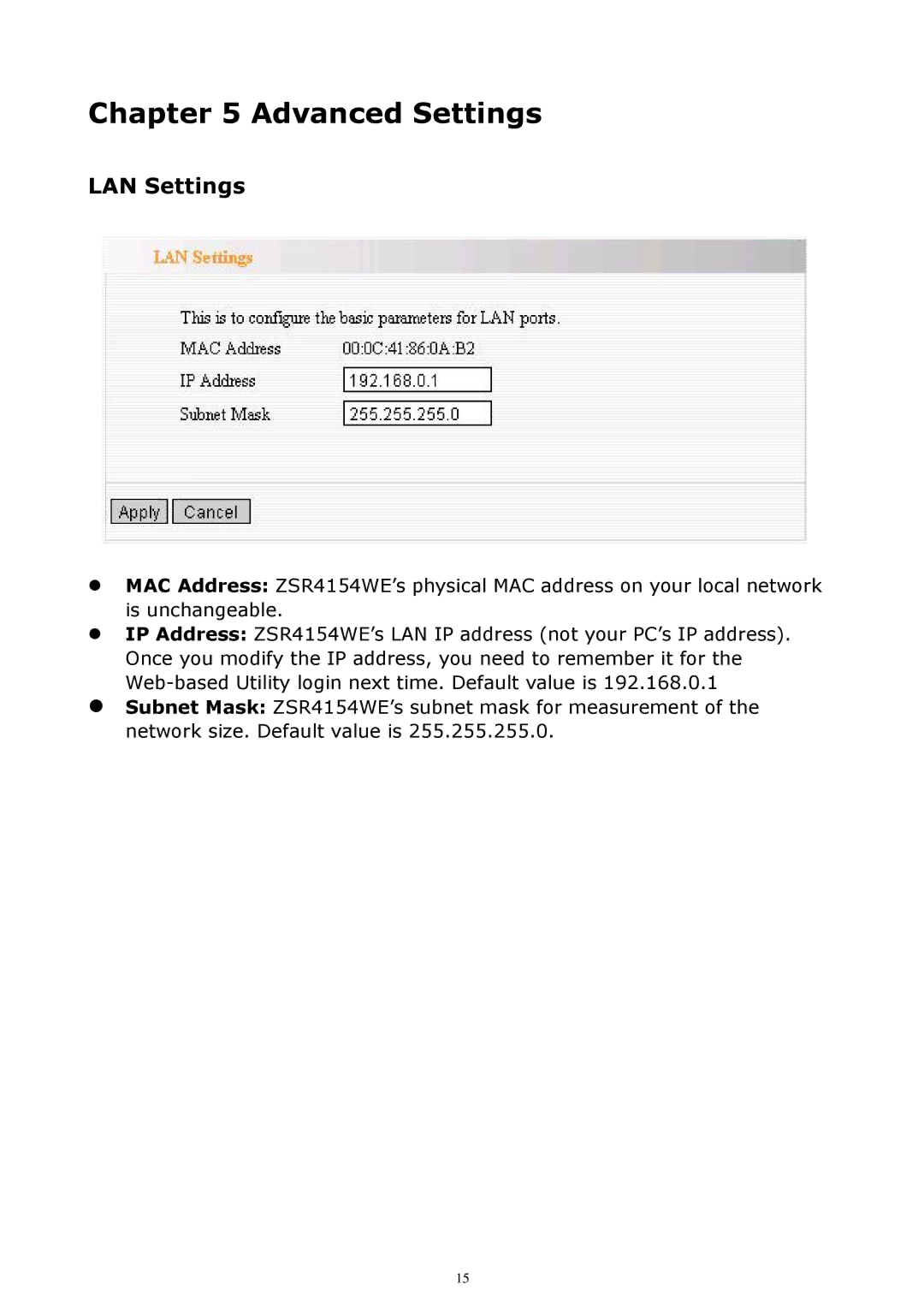 Zonet Technology ZSR4154WE manual Advanced Settings, LAN Settings 