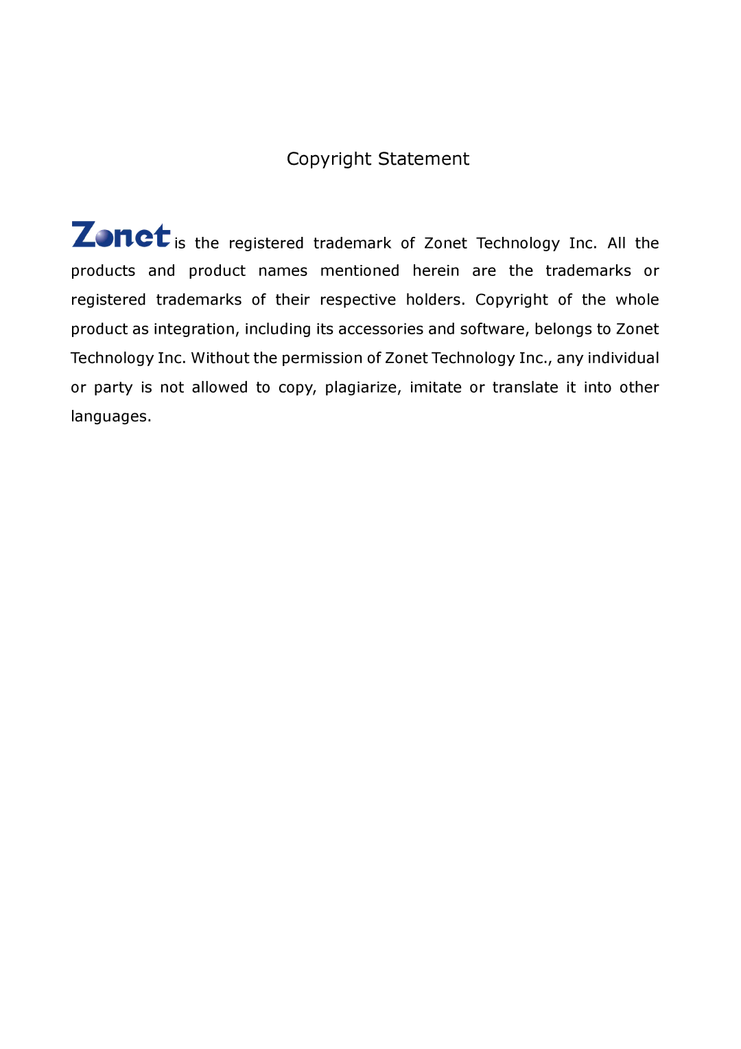 Zonet Technology ZSR4154WE manual Copyright Statement 