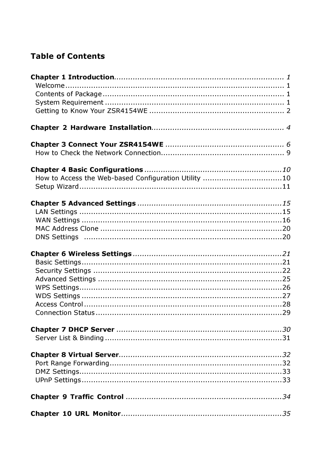 Zonet Technology ZSR4154WE manual Table of Contents 