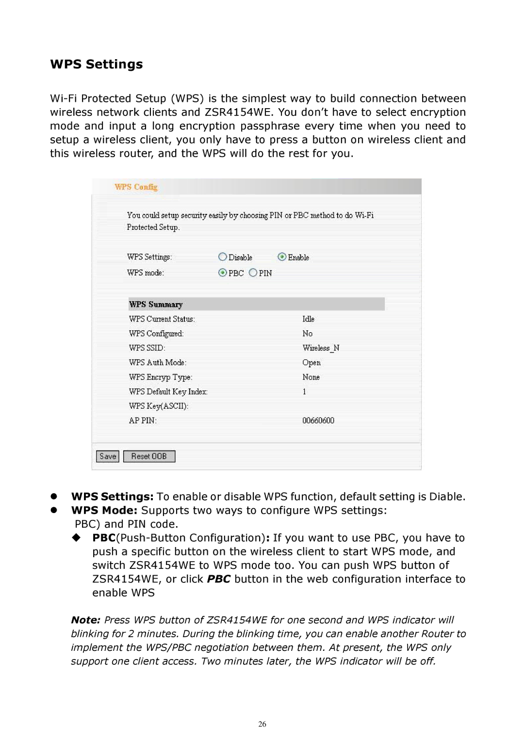 Zonet Technology ZSR4154WE manual WPS Settings 