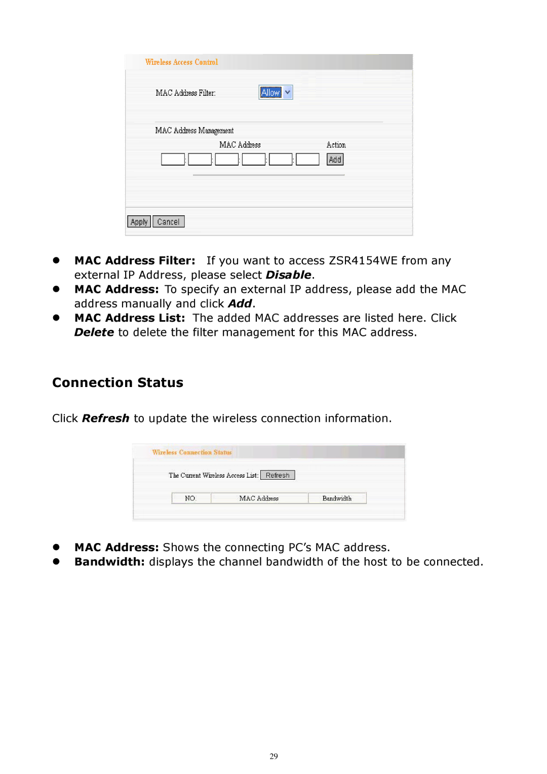 Zonet Technology ZSR4154WE manual Connection Status 