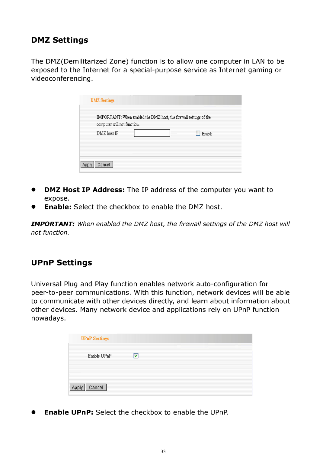 Zonet Technology ZSR4154WE manual DMZ Settings, UPnP Settings 