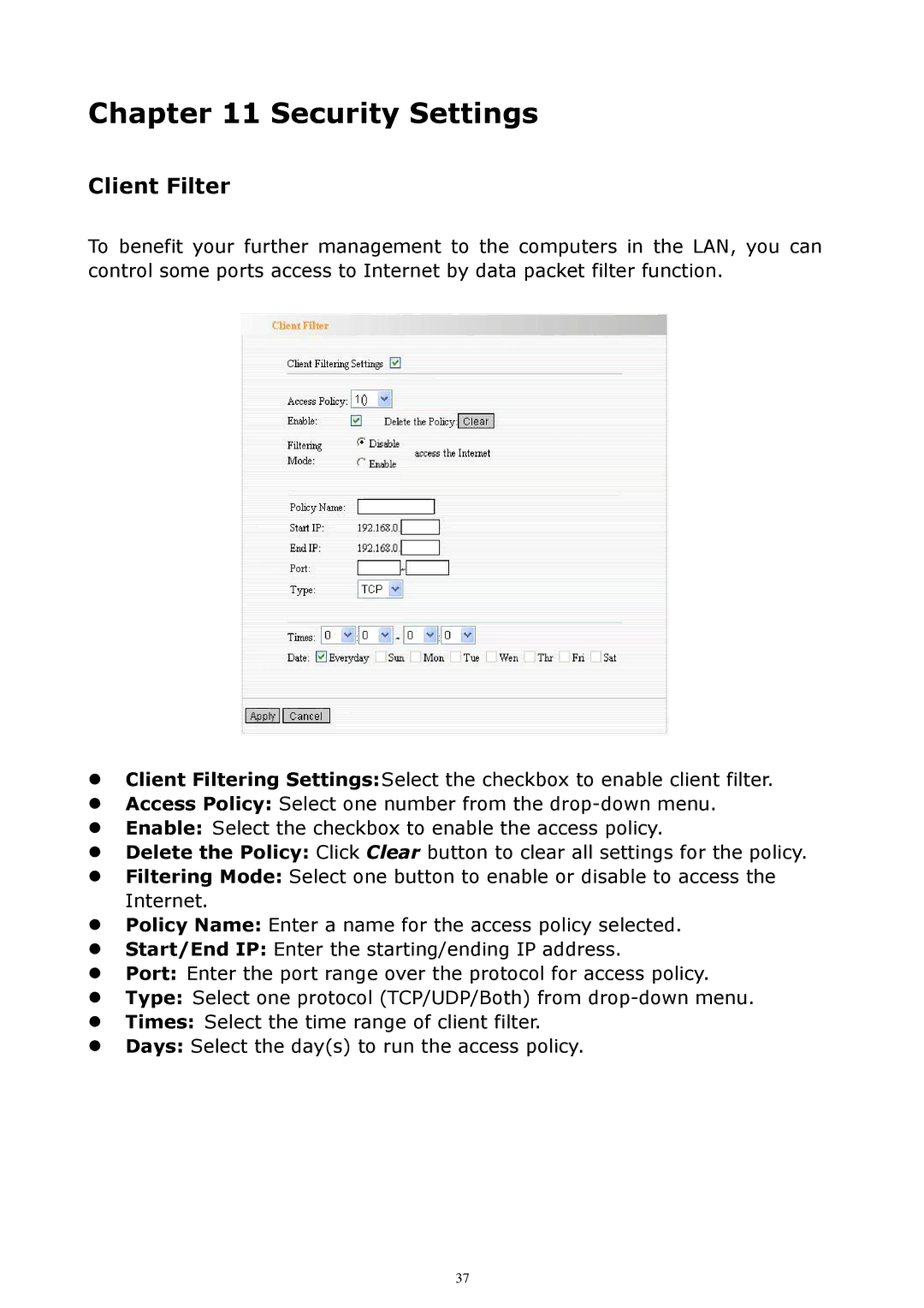 Zonet Technology ZSR4154WE manual Security Settings, Client Filter 