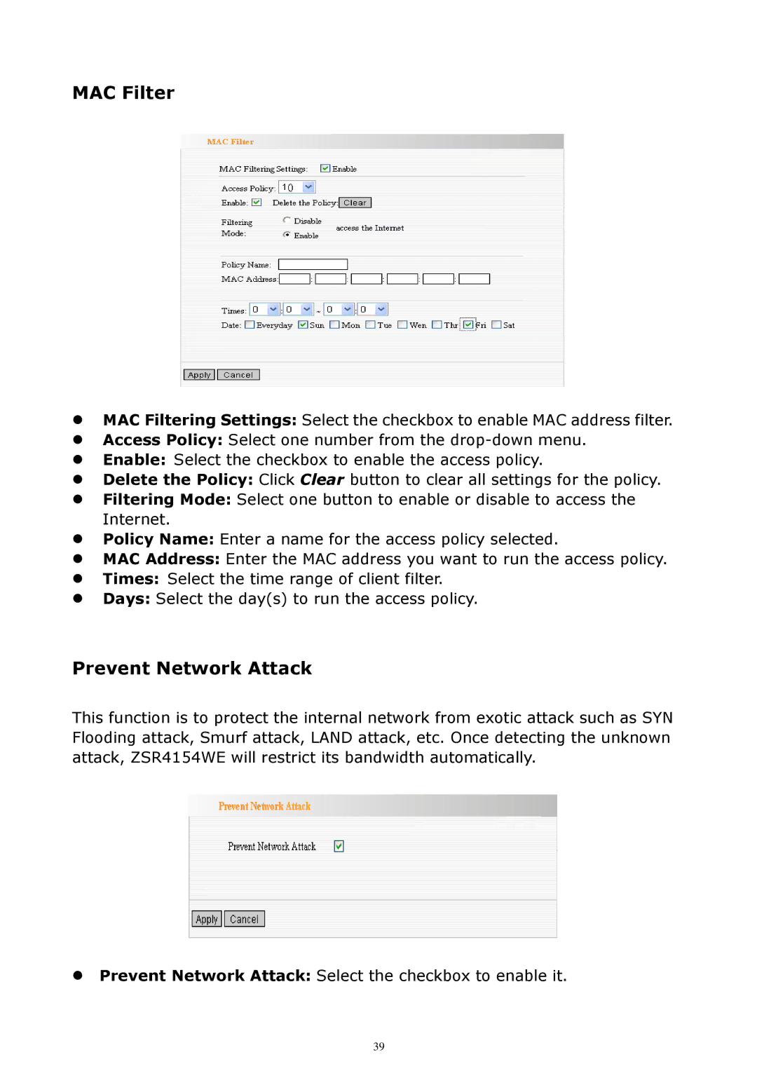 Zonet Technology ZSR4154WE manual MAC Filter, Prevent Network Attack 