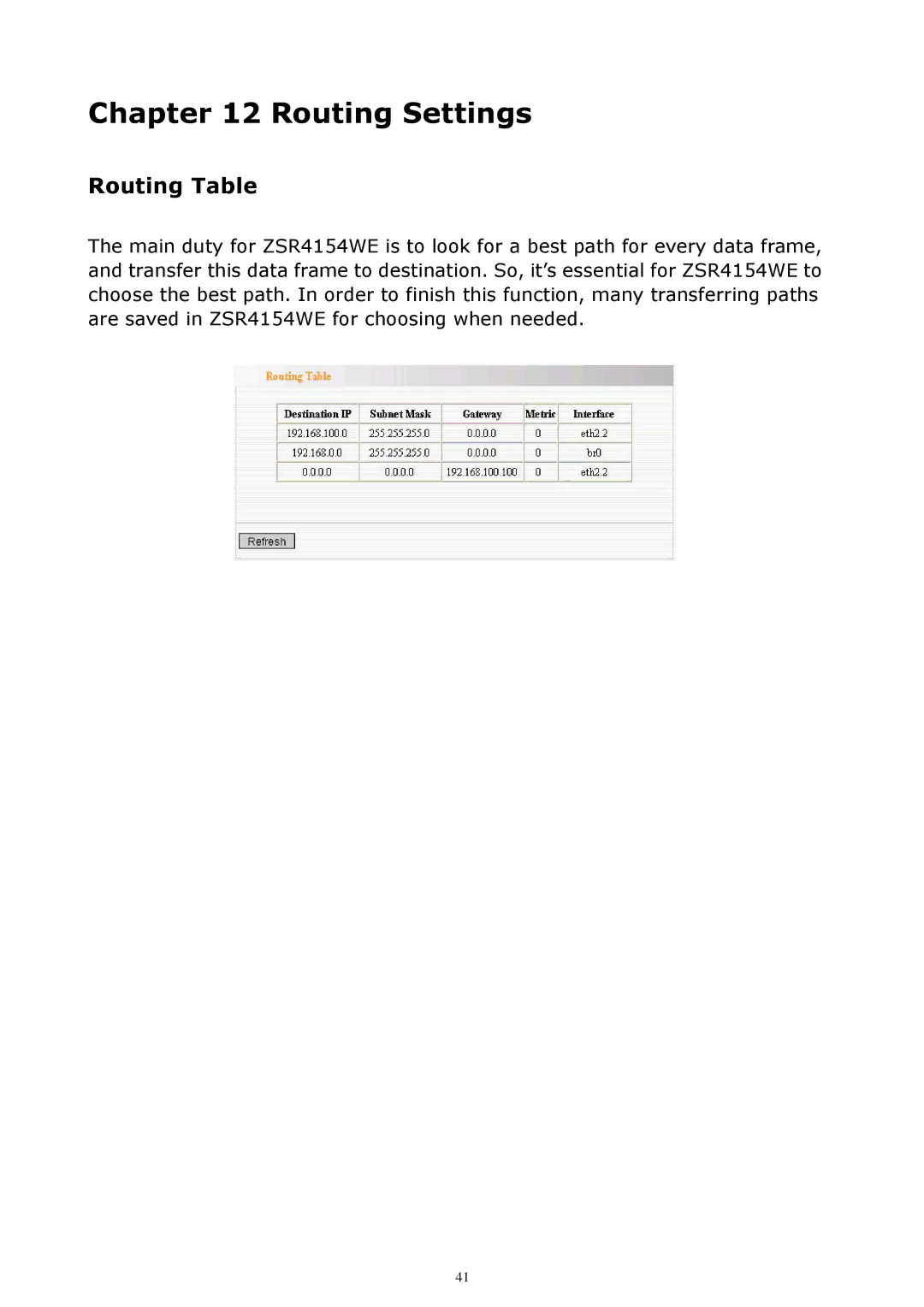 Zonet Technology ZSR4154WE manual Routing Settings, Routing Table 