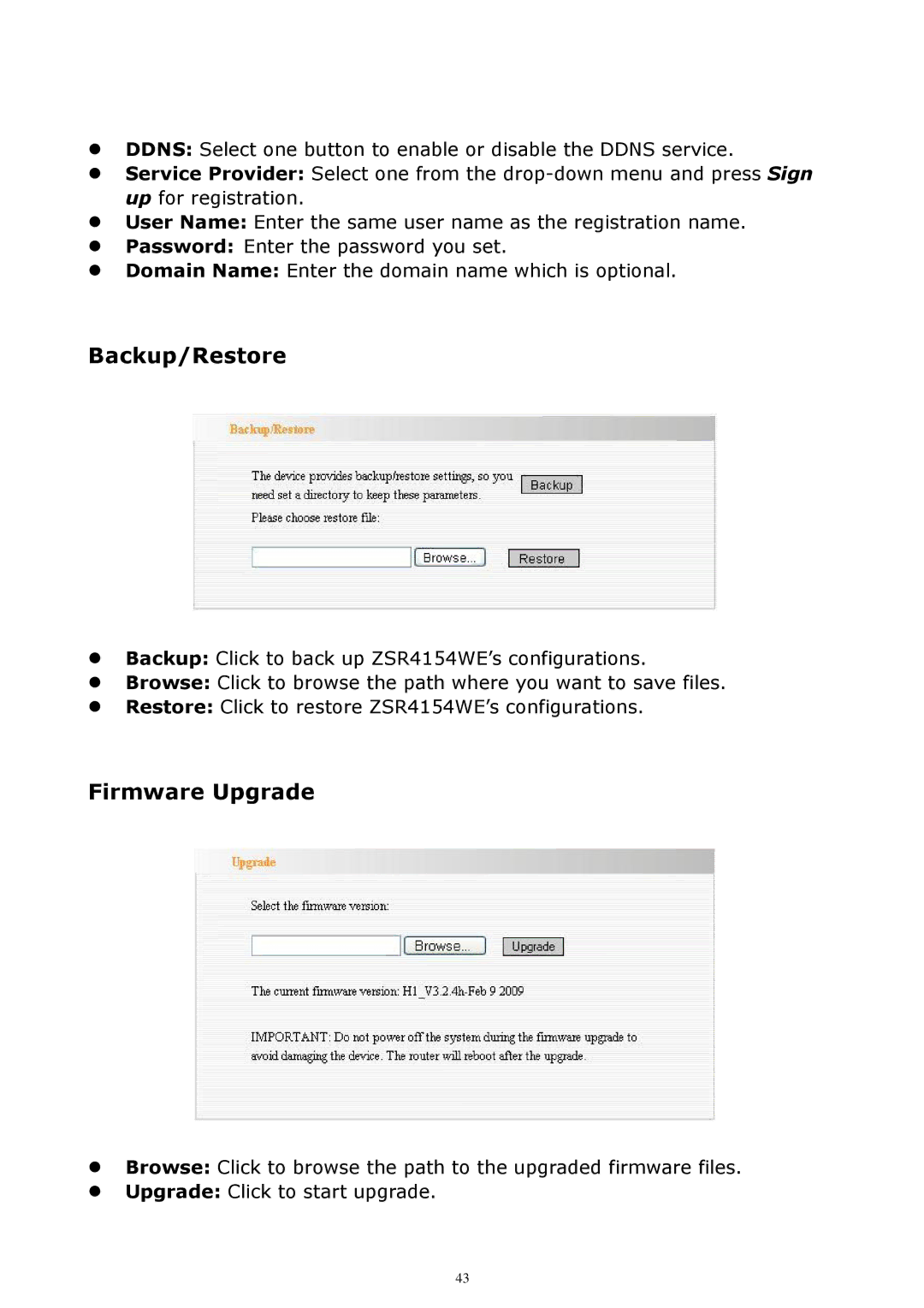 Zonet Technology ZSR4154WE manual Backup/Restore, Firmware Upgrade 