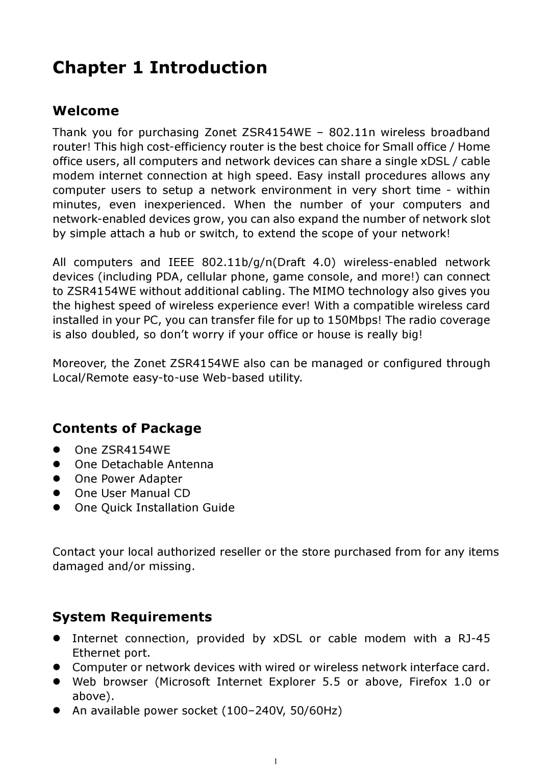 Zonet Technology ZSR4154WE manual Introduction, Welcome, Contents of Package, System Requirements 