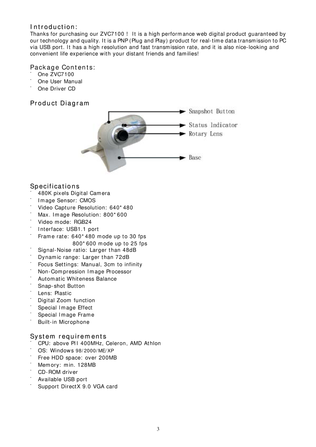 Zonet Technology ZVC7100 manual Introduction, Package Contents, Product Diagram Specifications, System requirements 