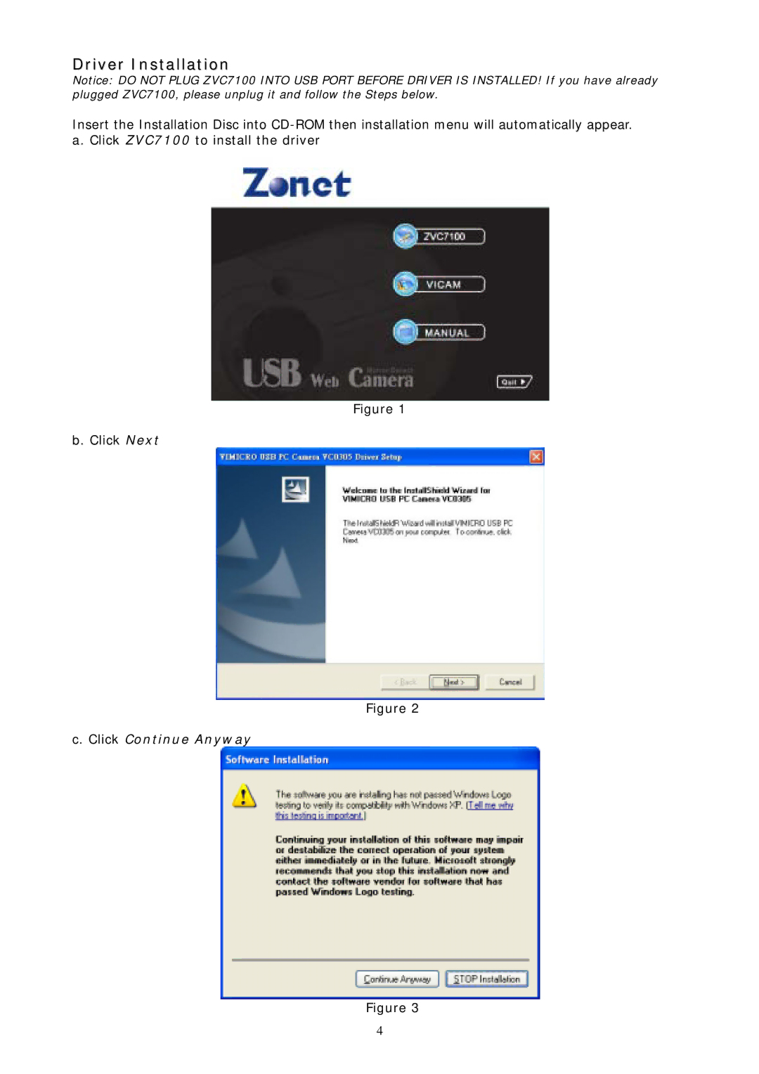 Zonet Technology ZVC7100 manual Driver Installation 