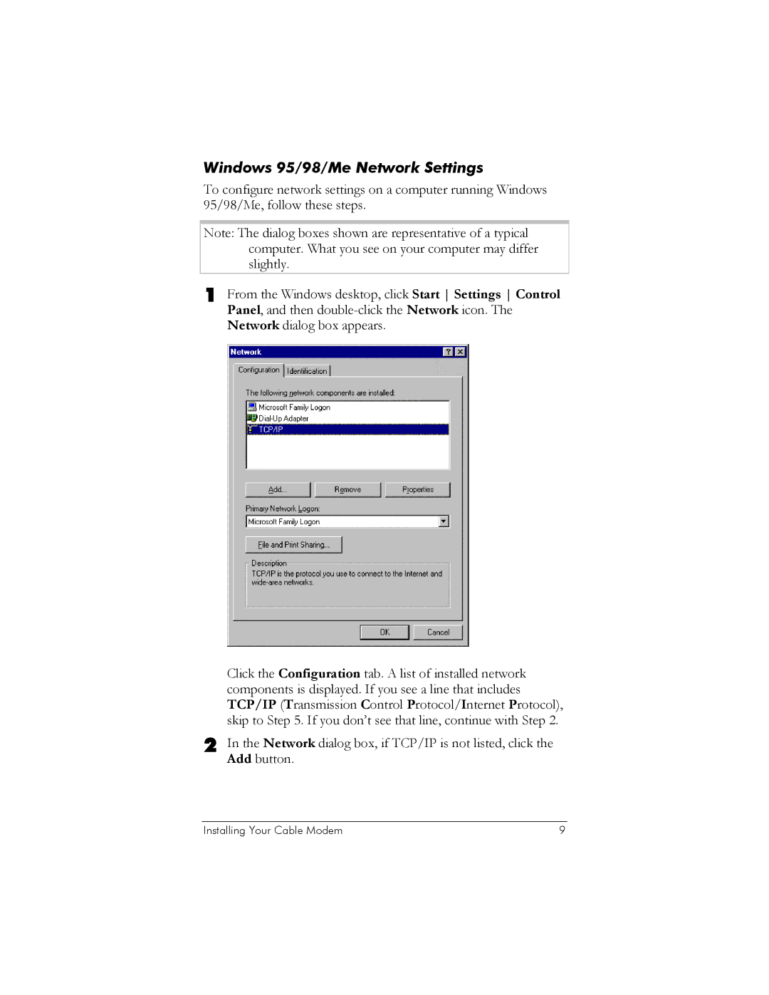 Zoom 10BaseT user manual Windows 95/98/Me Network Settings 