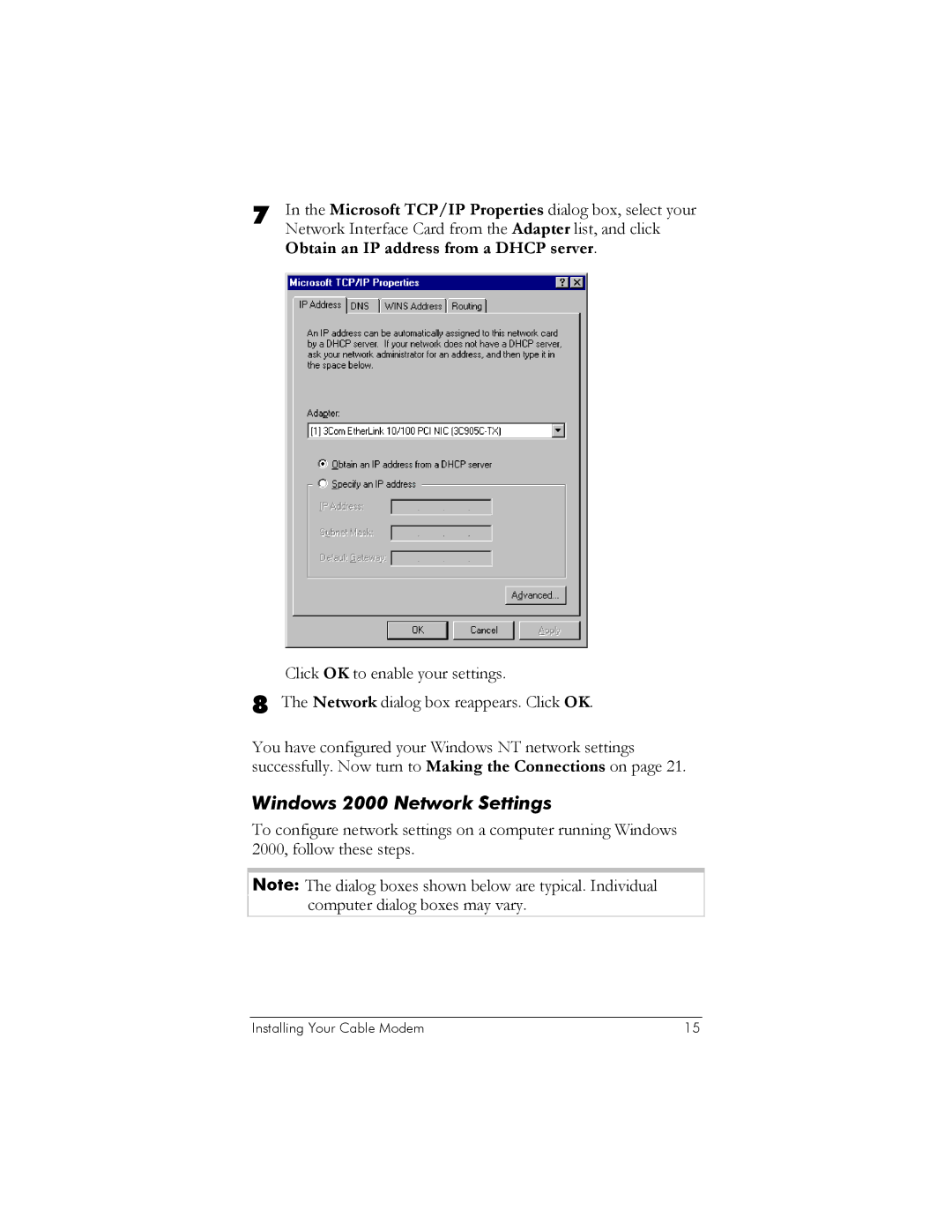 Zoom 10BaseT user manual Windows 2000 Network Settings, Obtain an IP address from a Dhcp server 