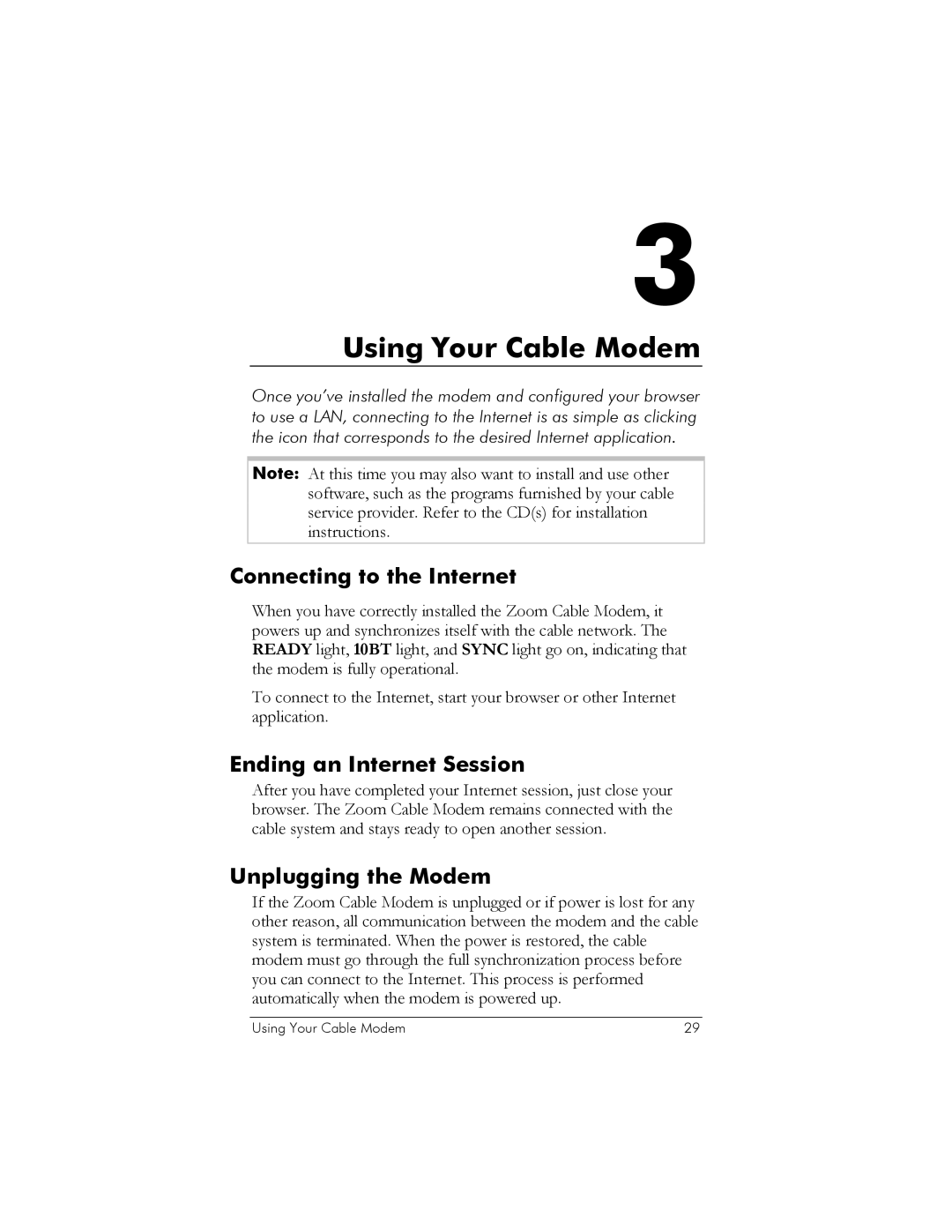 Zoom 10BaseT Using Your Cable Modem, Connecting to the Internet, Ending an Internet Session, Unplugging the Modem 