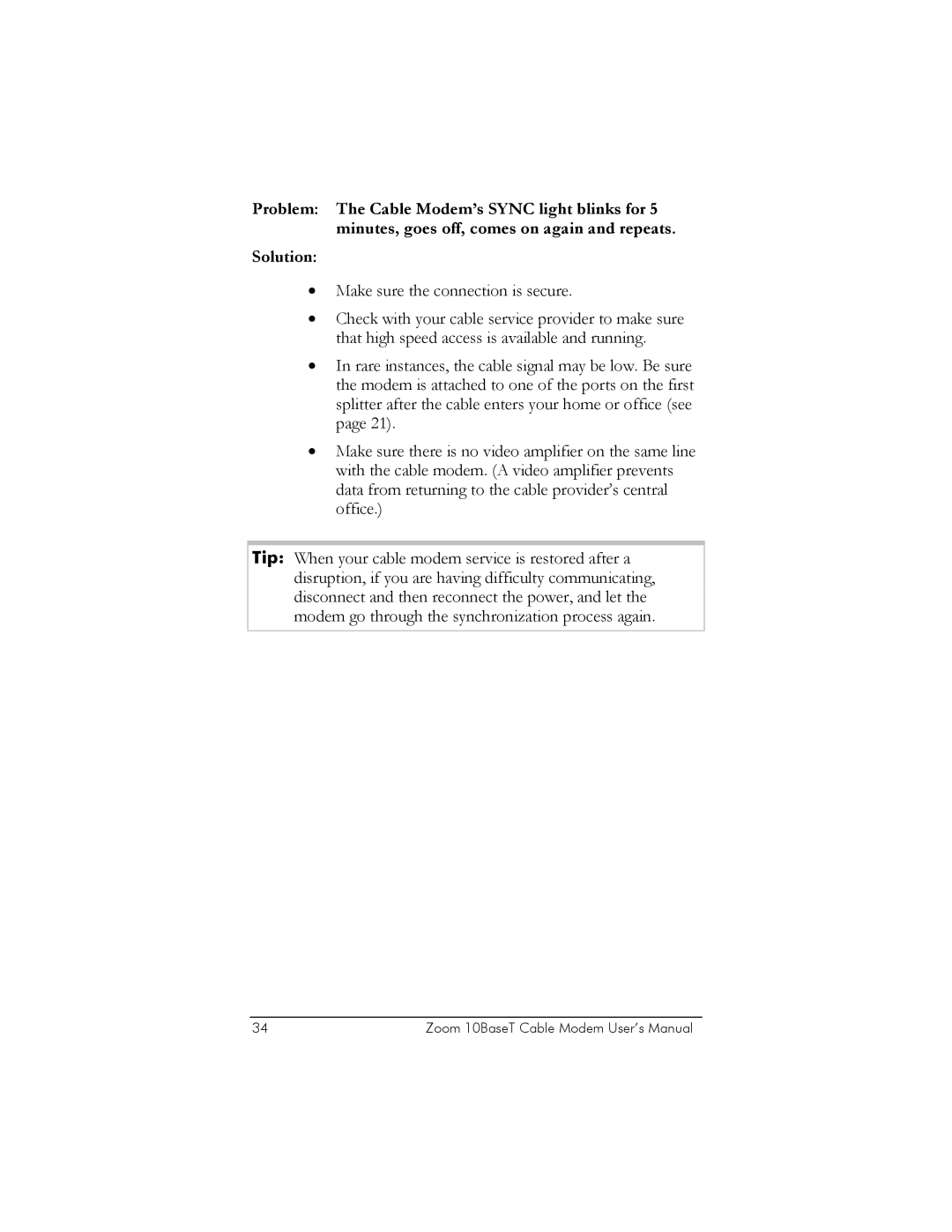 Zoom user manual Zoom 10BaseT Cable Modem User’s Manual 