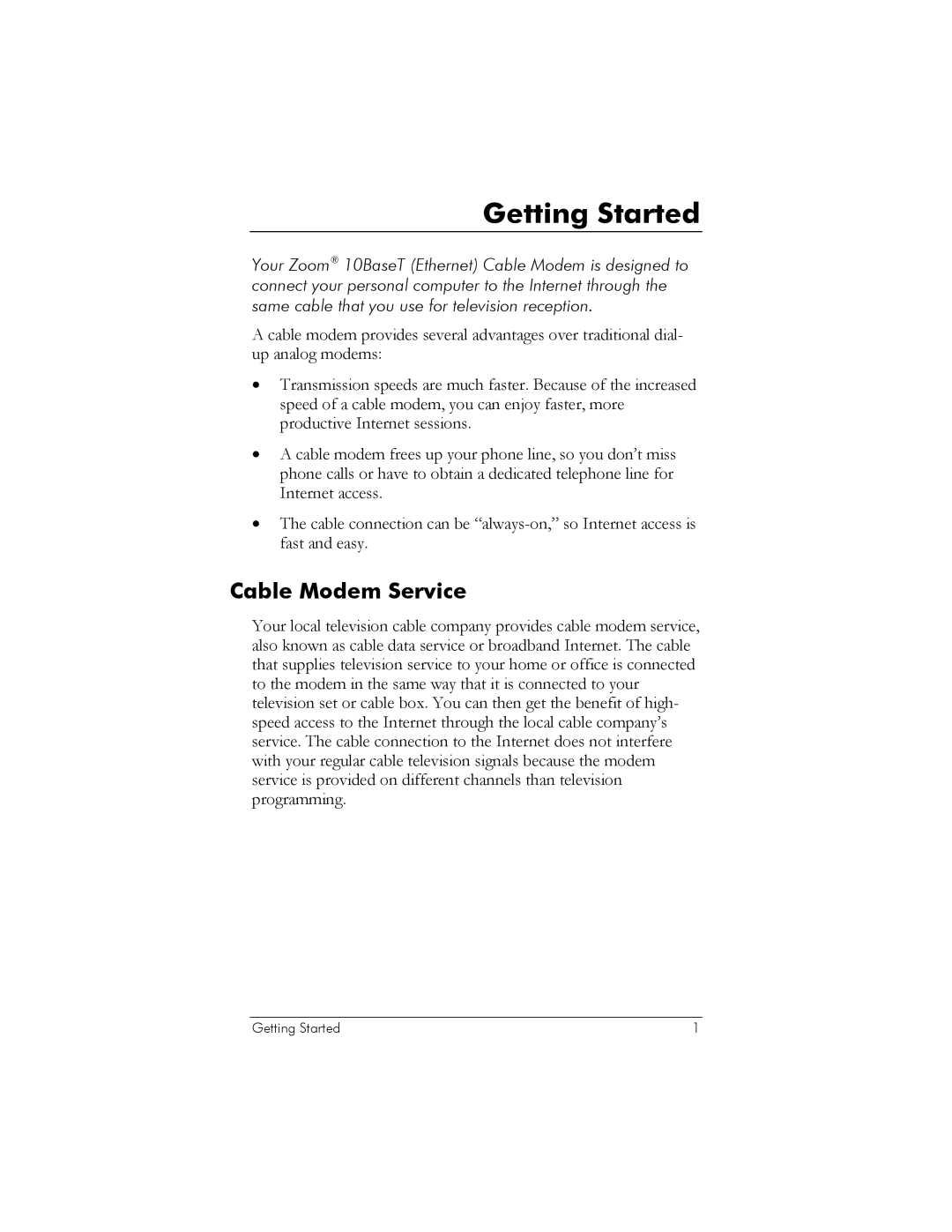 Zoom 10BaseT user manual Getting Started, Cable Modem Service 