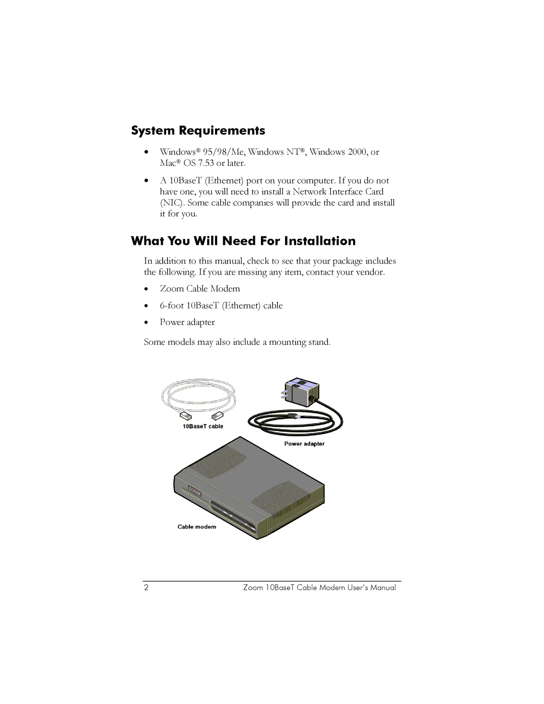 Zoom 10BaseT user manual System Requirements, What You Will Need For Installation 