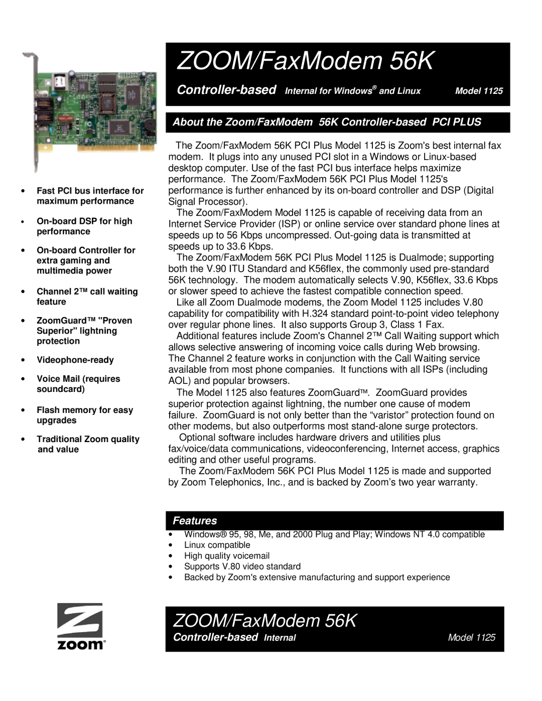 Zoom 1125 warranty About the Zoom/FaxModem 56K Controller-based PCI Plus, Features, Controller-based Internal Model 